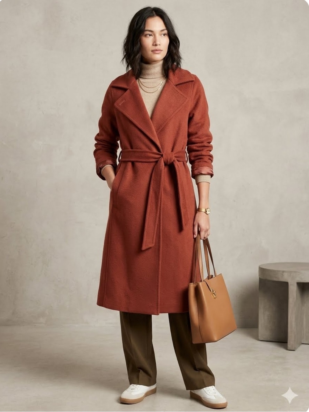 J.ING JING 100% wool Peacoat jacket belted rust red size XS/2 oversized